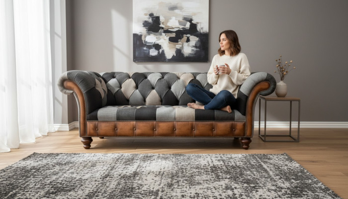 Chesterfield 3místná pohovka čalouněná textilní sedací soupravy, nová