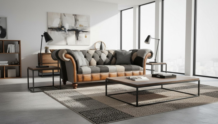 Chesterfield 3místná pohovka čalouněná textilní sedací soupravy, nová