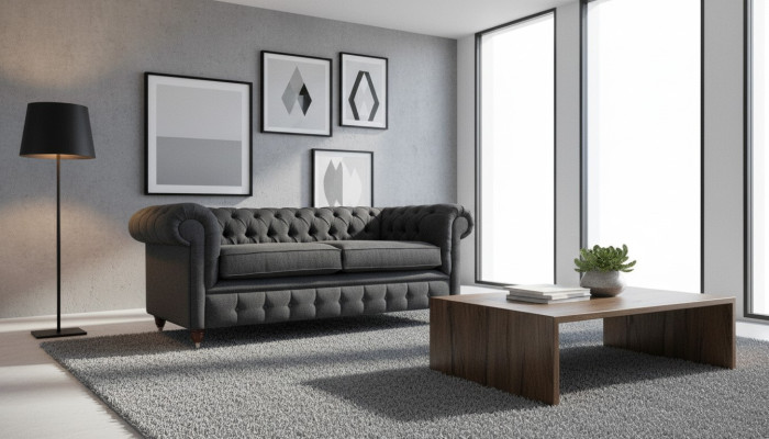 Chesterfield Couch Polster Möbel Zweisitzer Couchen Sofas Stoff Grau