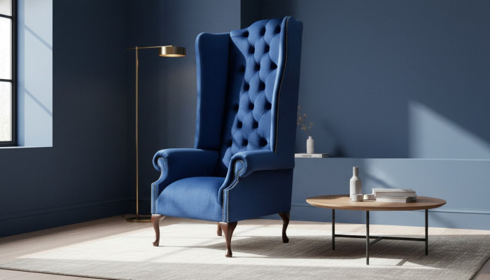 Sessel Chesterfield Couch Textil Lounge Polster Blau Luxus Ohrensessel