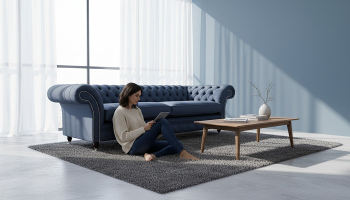 Design Sofa 4 Sitzer Couch Textil Polster Blau Sofas Chesterfield Neu