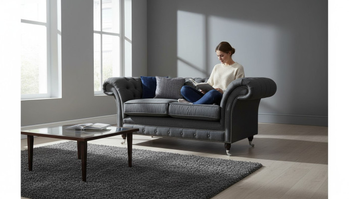 Chesterfield Sofa 2 Sitzer Couch Polster Stoff Couchen Grau Textil Neu