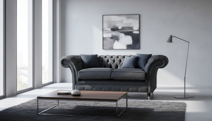 Chesterfield Sofa 2 Sitzer Couch Polster Stoff Couchen Grau Textil Neu