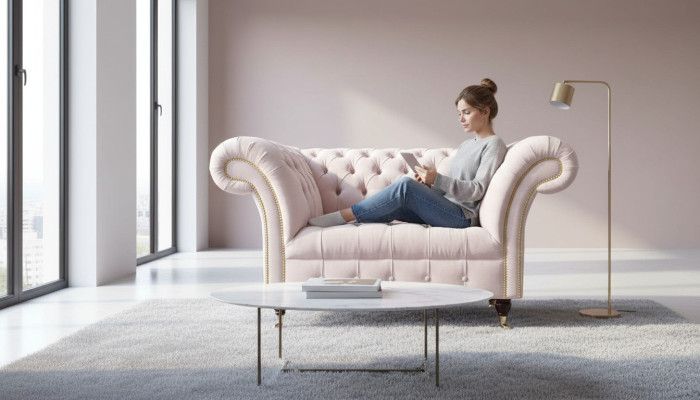 Křeslo čalouněná pohovka textilní Chesterfield křesla 1-sedačka jednosedák růžová.