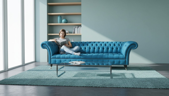 Chesterfield Polster Sofas Design Textil Sofa 4 Sitzer Sofa Luxus Design Blaue