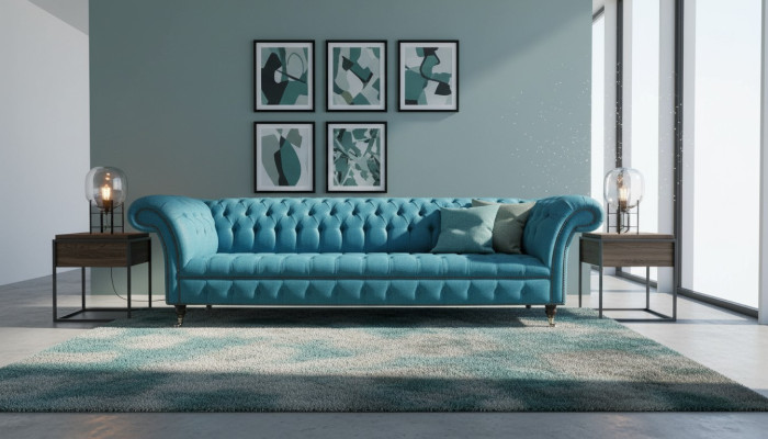 Chesterfield Polster Sofas Design Textil Sofa 4 Sitzer Sofa Luxus Design Blaue
