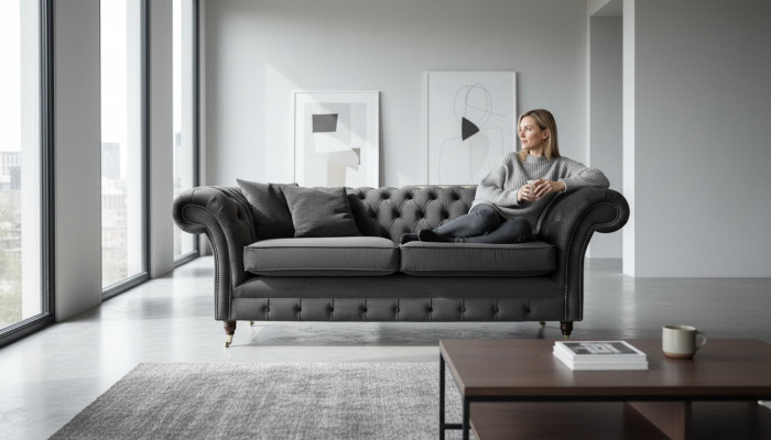 Design Chesterfield Sofa 3-sedadlová šedá pohovka potahové sedací soupravy obývací pokoje