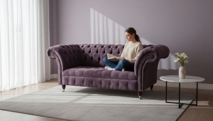 Chesterfield Sofa Couch Design Lila Polster Textil Zweisitzer Sitzer Neu