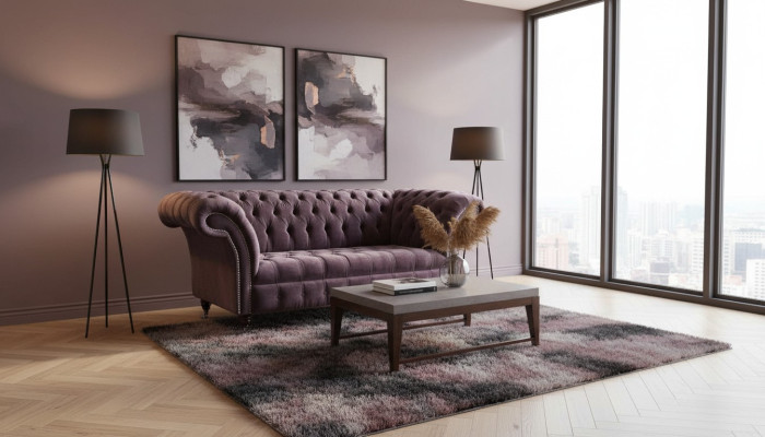 Chesterfield Sofa Couch Design Lila Polster Textil Zweisitzer Sitzer Neu