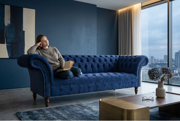 Chesterfield Design Luxus Polster Sofa Couch 3 Sitz Blau Textil Neu
