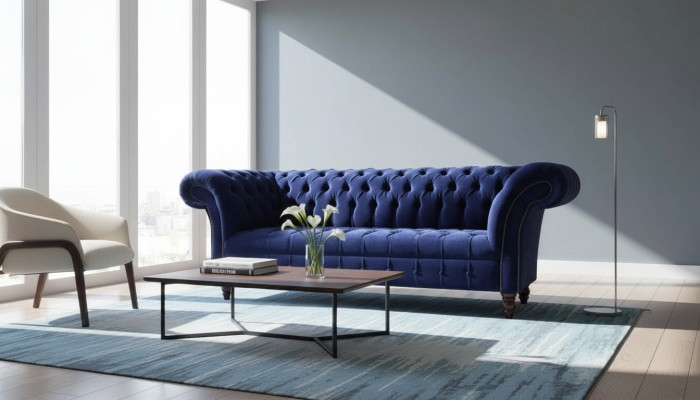 Chesterfield Design Luxus Polster Sofa Couch 3 Sitz Blau Textil Neu