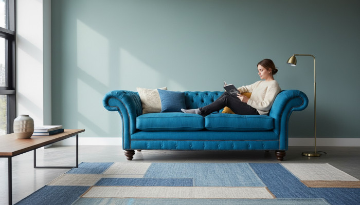 Chesterfield Sofa 3 Sitzer Couch Polster Sofas Stoff Wohnzimmer Blau Textil