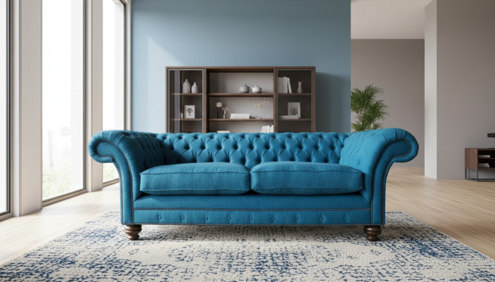 Chesterfield Sofa 3 Sitzer Couch Polster Sofas Stoff Wohnzimmer Blau Textil