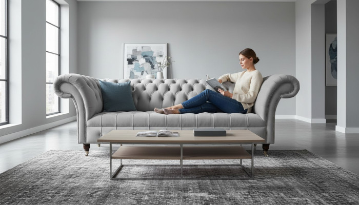 Chesterfield Textil Sofa Couch 3 Sitzer Polster Sitz Grau Sofas Big Neu