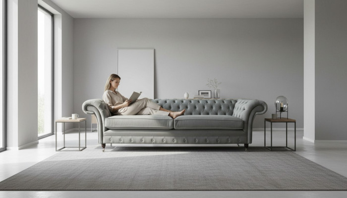 Sofa 4 Sitzer Couch Chesterfield Polster Sitz Textil Grau Wohnzimmer --> Pohovka 4místná sedačka Chesterfield čalouněná textilní šedá obývací pokoj