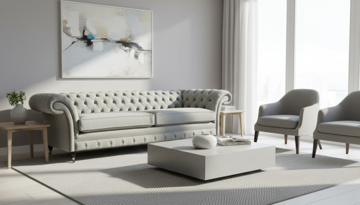 Sofa 4 Sitzer Couch Chesterfield Polster Sitz Textil Grau Wohnzimmer --> Pohovka 4místná sedačka Chesterfield čalouněná textilní šedá obývací pokoj