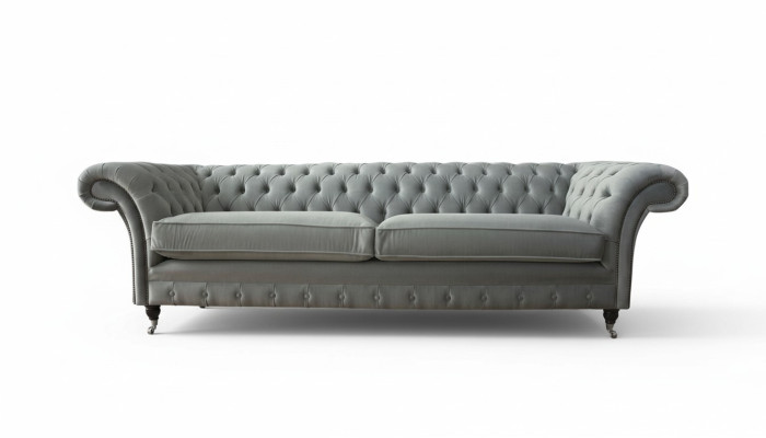 Sofa 4 Sitzer Couch Chesterfield Polster Sitz Textil Grau Wohnzimmer --> Pohovka 4místná sedačka Chesterfield čalouněná textilní šedá obývací pokoj