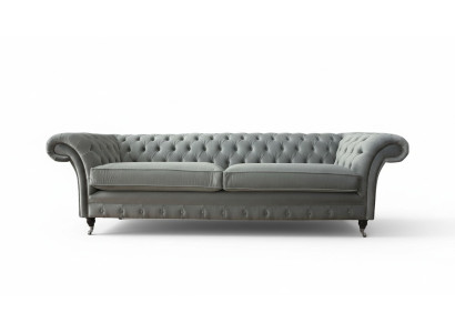 Sofa 4 Sitzer Couch Chesterfield Polster Sitz Textil Grau Wohnzimmer --> Pohovka 4místná sedačka Chesterfield čalouněná textilní šedá obývací pokoj