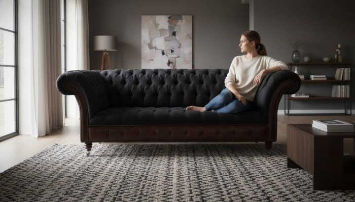 Chesterfield 3 Sitzer Sofa Couch Leder Polster Sitz Stoff Schwarz Neu