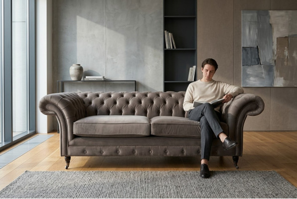 Couchen Polster Sofas 3 Sitz Dreisitzer Stoffsofa Chesterfield Grau Neu