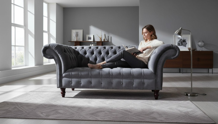 Sofa 2 Sitzer Couch Design Polster Textil Stoff Grau Chesterfield Neu