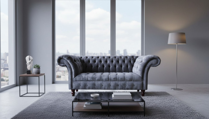 Sofa 2 Sitzer Couch Design Polster Textil Stoff Grau Chesterfield Neu
