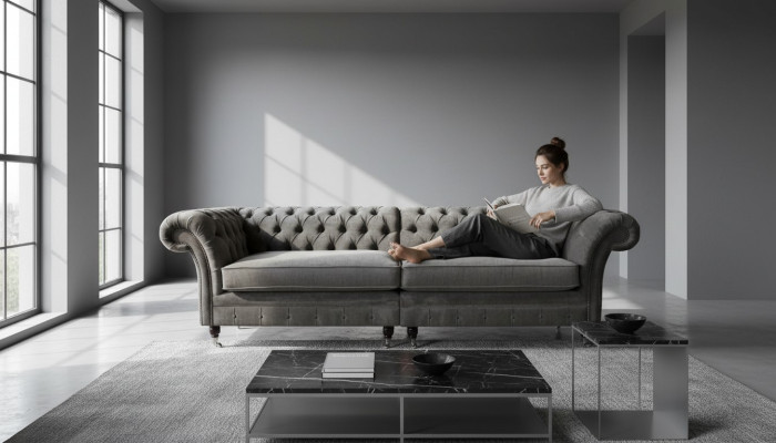 Chesterfield Viersitzer Sofa 4 Sitzer Sofas Stoff Polyester Grau Möbel