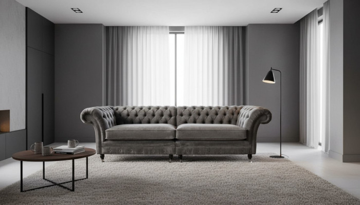 Chesterfield Viersitzer Sofa 4 Sitzer Sofas Stoff Polyester Grau Möbel