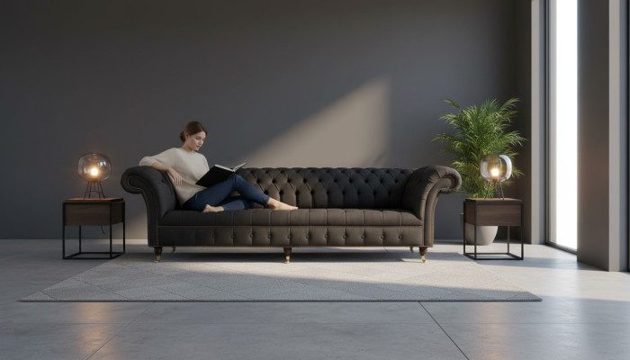 Chesterfield pohovka 4místná černá látková designová pohovka do obývacího pokoje čalounění