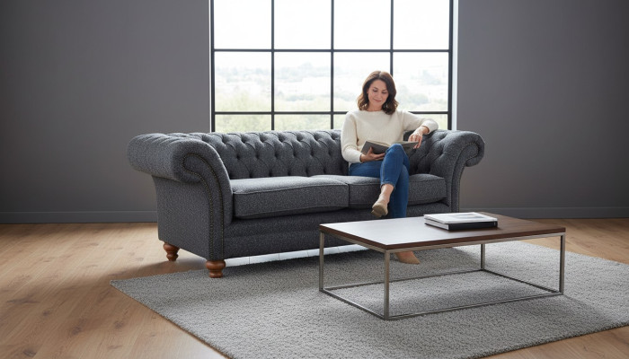 Šedá pohovka Chesterfield 3místná Šedá textilní designová pohovka se čalouněním