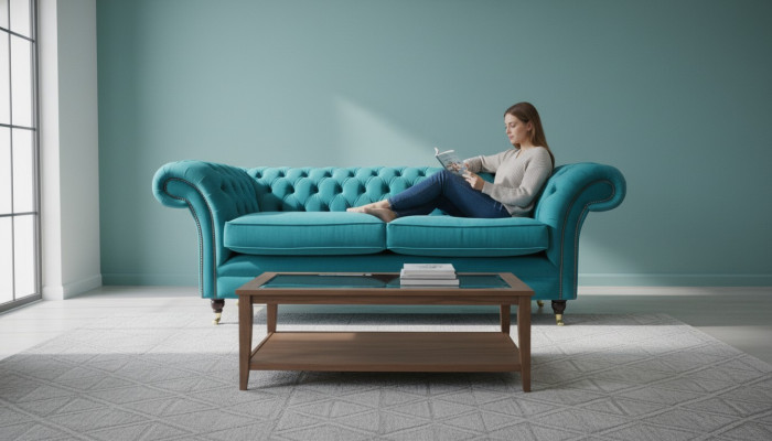Chesterfield Dreisitzer Blau Stoff Wohnzimmer Design Polster Sofa