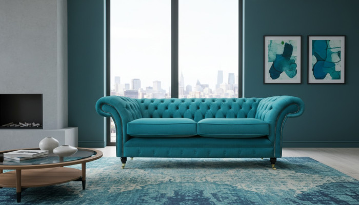 Chesterfield Dreisitzer Blau Stoff Wohnzimmer Design Polster Sofa