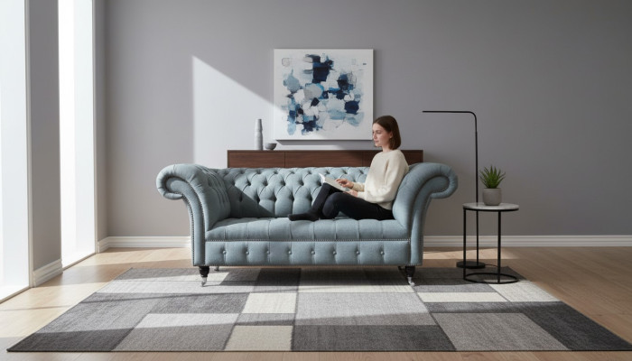 Chesterfield Büro Sitzmöbel Einrichtung Sofa Couch 2 Sitz Textil Grau