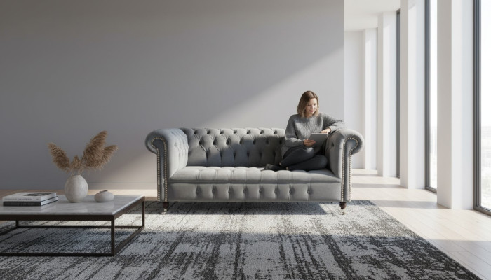 Sofa 3 Sitz Textil Sofas Couch Polster Chesterfield Couchen Grau Dreisitzer