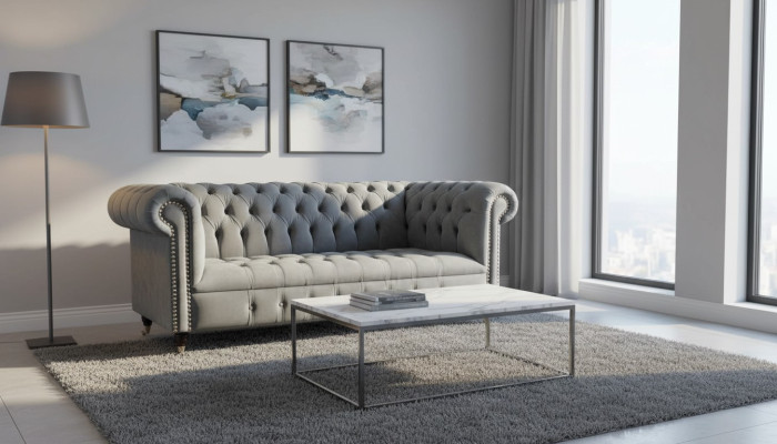 Sofa 3 Sitz Textil Sofas Couch Polster Chesterfield Couchen Grau Dreisitzer