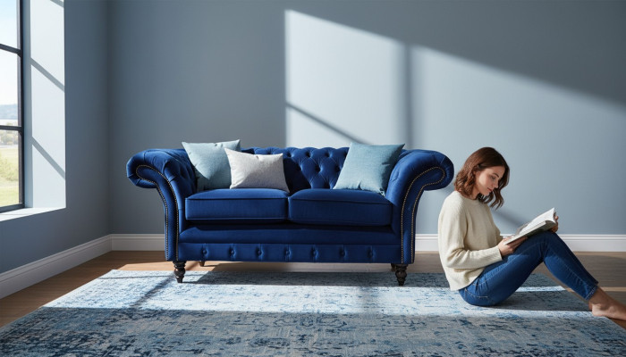 Chesterfield Büro Sitzmöbel Einrichtung Sofa Couch 2 Sitz Textil Blaue