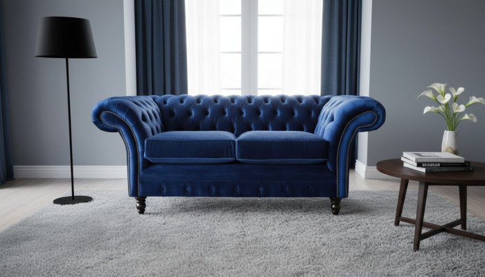 Chesterfield Büro Sitzmöbel Einrichtung Sofa Couch 2 Sitz Textil Blaue
