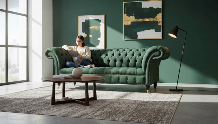 Třímístná pohovka textil zelená čalouněný nábytek Chesterfield pohovky gauče.