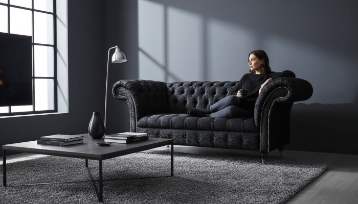 Englische Chesterfield Büro Sitzmöbel Einrichtung Sofa Couch 2 Sitz Schwarz