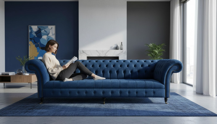 Chesterfield Velká Pohovka Pohovka Textil Samt Polstrování Pohovky 4 Místná Pohovka