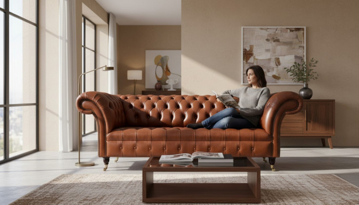 Chesterfield Sofa 3 Sitzer Braun Modern Polster Leder Wohnzimmer Design
