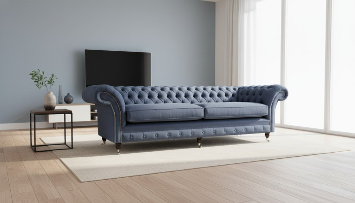 Design Chesterfield Sofa 4 Sitzer Stoff Couch Blau Polster Wohnzimmer