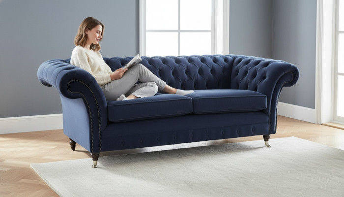 Klassich Chesterfield Wohnzimmer Samt Couch Blau 3 Sitzer Textil Sofas
