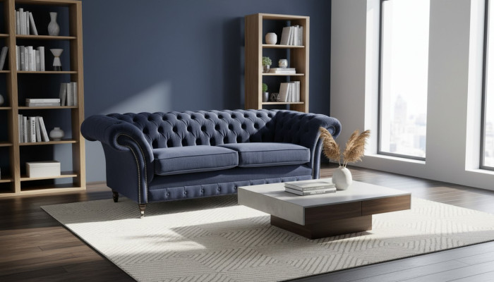 Klassich Chesterfield Wohnzimmer Samt Couch Blau 3 Sitzer Textil Sofas