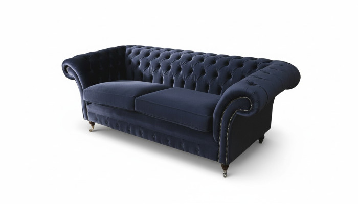 Klassich Chesterfield Wohnzimmer Samt Couch Blau 3 Sitzer Textil Sofas
