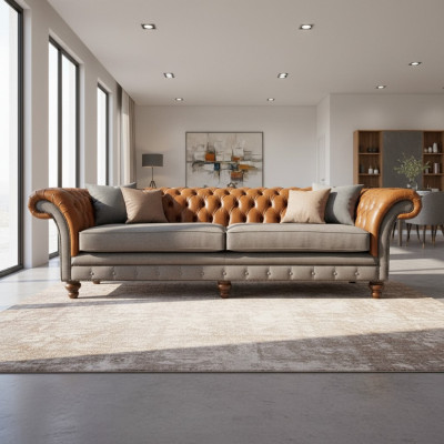 Klassische 4-Sitzer Chesterfield Couch in Braun - Hochwertiges Textil und Edles Lederdesign