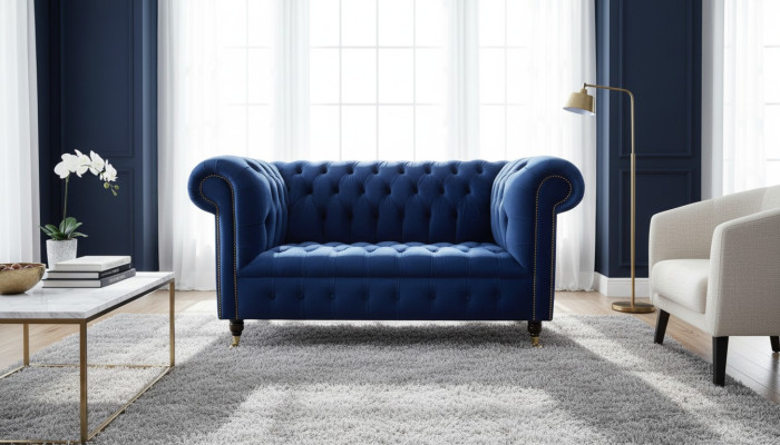 Chesterfield Büro Sitzmöbel Einrichtung Sofa Couch 2 Sitz Textil Blau