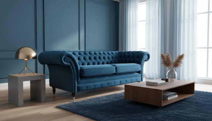 Designová pohovka s třemi sedadly, polštářky luxusní textilní sedací soupravy Chesterfield Nové.