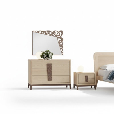 Schlafzimmer Set Luxus Kommode Spiegel Design Möbel beige 3tlg Holz