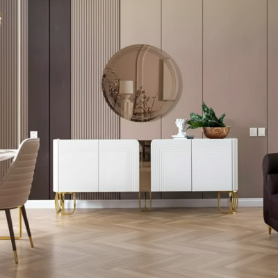 Wohnzimmer Sideboard Spiegel Set Luxus Modern Holz weiß 2tlg.